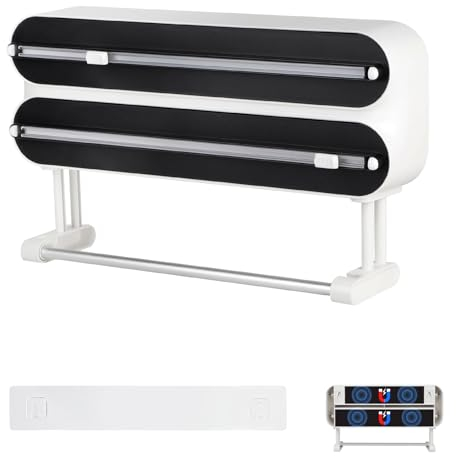 DBREAKS Derouleur Film Alimentaire Magnétique, Devidoir Essuie Tout Mural 3 Rouleaux, Distributeur et Film Alimentaire, Coupe-Film-Alimentaire pour Tiroir de Cuisine, avec Porte Sopalin,Noir