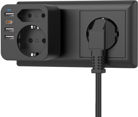 Enchufe Múltiples Pared con 1 Tipo C y 3 Puertos USB(3.4A), Ladron Enchufes con 2 Tomas de CA, Regletas Enchufes USB para Oficina, Habitación y Cocina, Compatible con Teléfono (black)