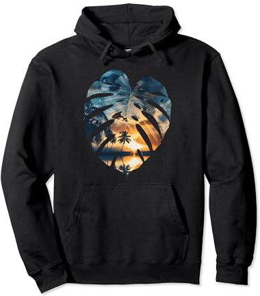 Monstera Tropische Pflanze Doppelbelichtung Strand Sonnenuntergang Sommer Pullover Hoodie