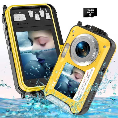 YISENCE Appareil photo numérique sous-marin UHD 4K 56 MP Autofocus Appareil photo numérique étanche avec une carte de 32 Go Selfie Double écran Caméra étanche pour la plongée en apnée