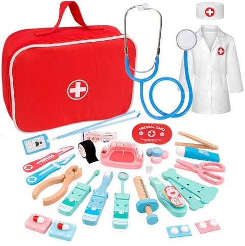45PCS Arztkoffer Kinder Holz Spielset, Arztkoffer für Kinder ab 3, 4, 5 Jahre Jahremit Echt Stethoskop,Arzttasche,Thermometer und Spritze,Geschenk für Rollenspiele Spielzeug