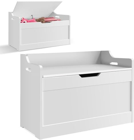 Wooden Storage Box, Storage Chest Trunk, Large Toy Chests with Lid and Safety Hinges, Toy Box Organizer Unit, Bed End Storage Bench, Shoe Bench, Entryway, Hallway, Bedroom, 40 x 62 x 46 cm, White