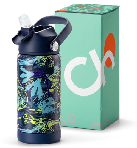 Choco Mocha Edelstahl Trinkflasche Kinder mit Strohhalm für Jungen Thermosflasche Kinder Auslaufsichere Trinkflasche Isolierte Wasserflasche für Schule BPA-frei 14 Oz/450mL,Blau Dinosaurier