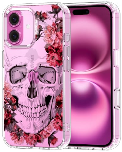 MOSNOVO Case for iPhone 16, [Buffertech 6.6ft Military-Grade Drop Protection] [Anti Peel Off Tech] Clear TPU Bumper Phone Case Cover Design - Red Flower Skull