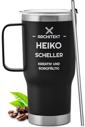 Maverton Personalisierter Thermobecher mit Strohhalm 600 ml - schwarzer Kaffeebecher To Go mit Deckel - Personalisierte Geschenke für Männer - Abschiedsgeschenk Kollegen