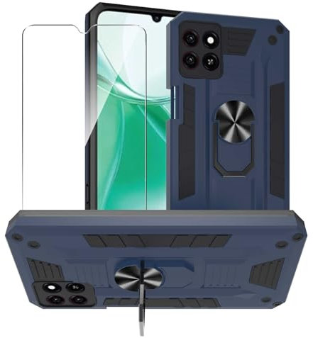 MIBZOR Hülle Kompatibel mit ZTE Blade A55 / ZTE Blade A35 (6.75), 1 Blau Handyhülle und 1 Stück Schutzglas Panzerglas, Schutzhülle Mit 360 Grad Ring Ständer Stoßfeste PC + TPU Tasche Case