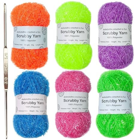 Scrubby Yarn | 6 Skeins Cotton Yarn for Dishcloths | Yarn for Crocheting | Sparkly Wool | Glitter Knitting Yarn Bundle for Knitting Dishcloths Craft Projects