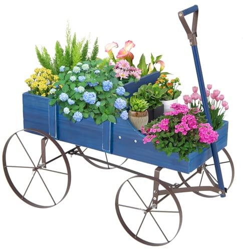 GYMAX Scaffale Porta Piante, Carrello Fioriera da Giardino, in Legno di Abete e Ferro con 4 Ruote e Manico Regolabile, 62 x 34 x 61 cm (BLU)