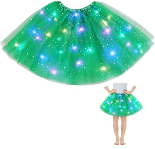 AYBUY Faldas tutú para niñas con luz LED, falda tutú de tul para niños con forro, fiesta de ballet gruesa, vestido elástico para Halloween, Navidad, disfraz de fiesta de carnaval (verde hierba)