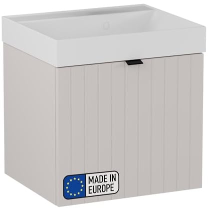 BadeDu Esla Waschbecken mit Unterschrank – 50 cm Breit, Gussmarmor Waschbecken in Weiß mit Waschbeckenunterschrank in Grau, 2 Schubladen mit Soft-Close-System
