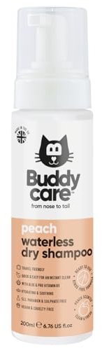 Buddycare Trockenshampoo ohne Ausspülen, pfirsichfarben, Tiefenreinigungsshampoo für Katzen | Frischer Duft | mit Aloe Vera und Pro-Vitamin B5 (200 ml)