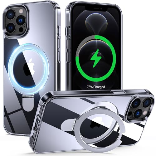 Supdeal Magnetisch Stand Hülle für iPhone 12/12 Pro mit Unsichtbarem Ring Ständer [Kompatibel mit MagSafe] Clear Stoßfeste Handyhülle Schutzhülle, 6,1, Transparent