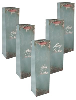 SIGEL Flaschen Geschenktüten aus Papier Gl. Christmas 35 x 10 cm 5er Set | GT125/5, Für weihnachtliche Flaschengeschenke mit Seidenbandgriffen