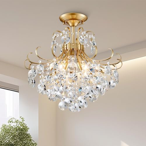 Majhoiw Goldener Kristall Kronleuchter Deckenleuchte, luxuriöse Kristall Semi Flush Mount Deckenleuchte für Esszimmer, Schlafzimmer, Flur, Bar und Küche, 4 Flammig E14 Deckenlampe