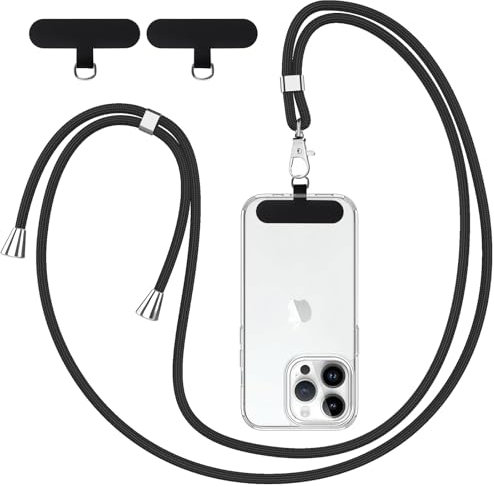 Knrlqim Cordon Telephone Portable Universelle avec 2 Patchs, Réglable Collier Lanière de Téléphone Portable 1,6m Adjustable, Compatibles avec Plupart des Smartphones, Noir