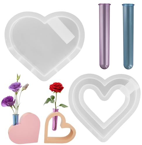 Marjoramy Silikonform, 2 Stück Herzförmige Blumengefäßform, Silikon-Formen mit 2 Teströhrchen für Epoxy Vase, Hydroponisches Blumengefäß, DIY Drip, Ornamente