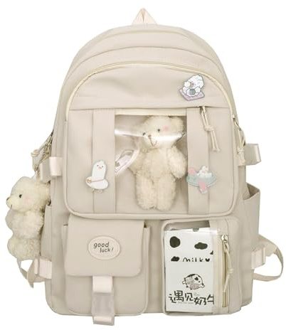 HuiYStar Kawaii-Schulrucksack für Mädchen und Frauen, Weiß | Süßer ästhetischer Rucksack, Schul- und Büchertasche, Mit Anstecknadel und Zubehör