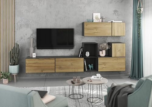 BMG Möbel Modernes Wohnzimmer Wohnwand Set 7 TLG. wählbar aus 8 Farbkombinationen, MDF Fronten tiefgezogen mit Softclose, Schränke mit Klappenfunktion, offenes Regal (Anthrazit - Evoke Eiche)