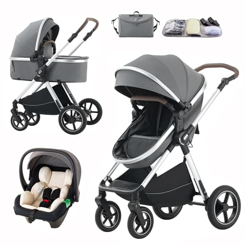 Mobayta Kinderwagen 3 in 1 Kinderwagenset bis 22 kg mit höhenverstellbarem Griff mit Aluminiumrahmen für Neugeborene 0-4 Jahre (DEEPGREY-D2, H2-D)