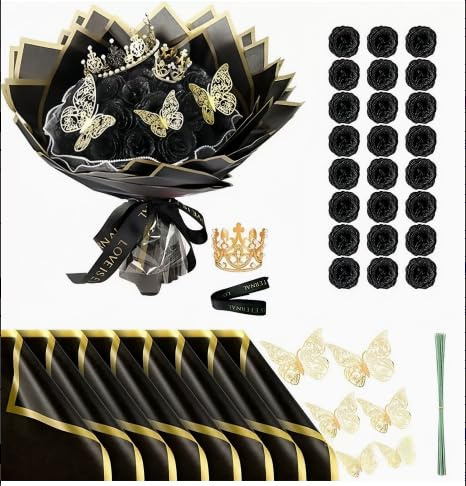 KHDULQ Fiore Artificiali 24 Pezzi Rose Glitterate con Carta da Regalo e Corona Bouquet di Rose Artificiali per San Valentino Matrimoni Regali di Compleanno Anniversari (Nero)