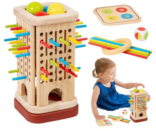 Holzspiel für Kinder - Balltasche 18,6 x 9,7 cm | Geschicklichkeitsspiel und Lernspiel aus Holz mit bunten Sticks und Motorik logisches Denken