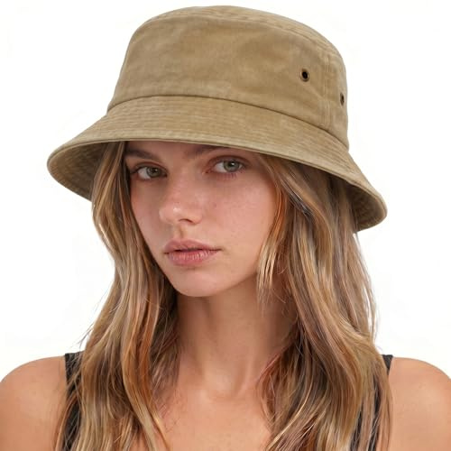 TOMEEK Cappello Pescatore da Sole Unisex, Cappello Uomo Estivo Moda Bucket Hat da Pesca Cotone Portatile e Pieghevole Cappellino a Secchiello Donna(Kaki,Taglia Unica)