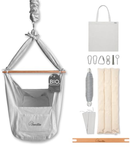 Swollie Premium Federwiege Grau - Bio-Baumwolle - für Babys ab Geburt bis 15 Kg - Schafwollmatratze -geborgener Babyschlaf - ergonomische Liegefläche