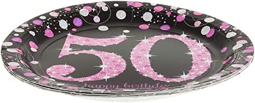 amscan- Lot de 8 Assiettes en Papier pailleté pour 50e anniversaire-23 cm, 9900612, Noir/Rose, 50