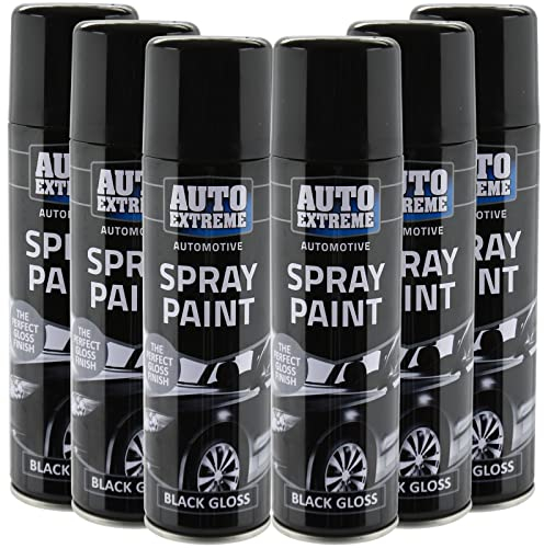 All Purpose Automotive Spray Paint 250ml Can Black Gloss Finish Aerosol Metal Interior Exterior Fast Dry Excellent Coverage Adhesion - 6 Pack