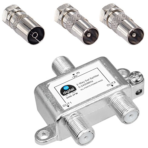 HB-DIGITAL SAT - BK - UKW - Verteiler 2-Fach Splitter (2-Wege) 5-2400 MHz | digital & analog - tauglich | voll geschirmt SAT DVB-S DVB-S2 Kabelfernsehen DVB-C inkl. Antennen und Kabel IEC Adapter