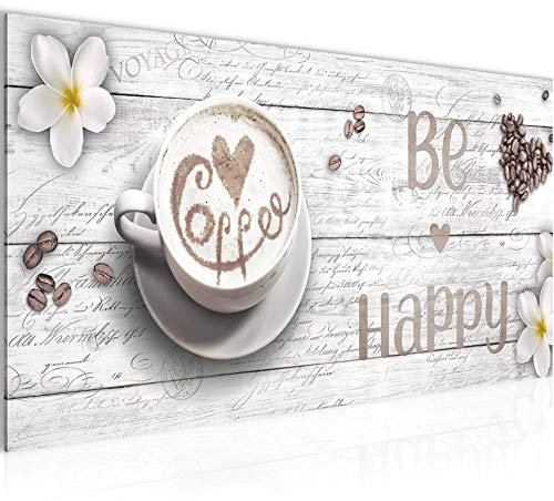 Runa Art Wandbild Küche Kaffee 1 Teilig 100 x 40 cm Modern Bild auf Vlies Leinwand Be Happy Esszimmer Küchenbilder Weiss 020612c
