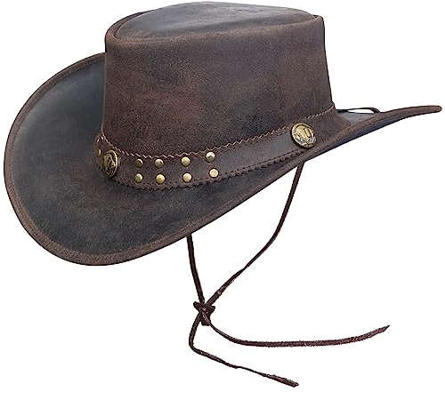 Brandslock Mens Vintage Black and Brown Wide Brim Cowboy Aussie Style Western Bush Hat ((X-Large Brown)