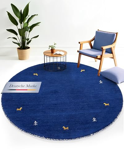 carpetfine Wollteppich Gabbeh Uni Rund Blau Ø 300 | Moderner Teppich für Wohn- und Schlafzimmer