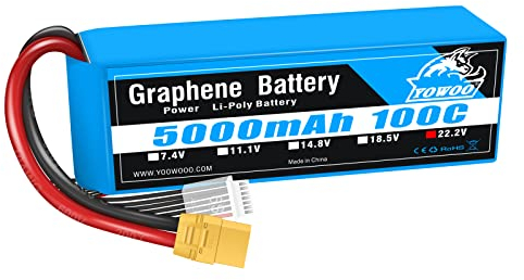 YOWOO Batterie au graphène 6S 22.2V 5000mAh 100C avec connecteur XT90 pour Mikado LOGO500 Align T-Rex 550 600E 700E GAUI X5 Outrage 550 Hirobo SDX Multirotors EDF Jets 600700 hélicoptères de Taille