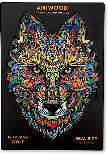 ANIWOOD Holzpuzzle Erwachsene Tieren. Gestanzter Deckel, Lebensgroße Puzzle-Box. 3 Schwierigkeitsmodi, dekoratives Element. Einzigartige Puzzleteile (Wolf, M)