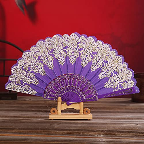 Handfächer Stofffächer,Vintage Faltfächer Chinesischer Stoff Fächer Faltfächer für Abkühlung im Sommer Hochzeit Geschenk Muttertag Party Kostüm Halloween Karneval Fasching Tanzen Hand Fan,Lila