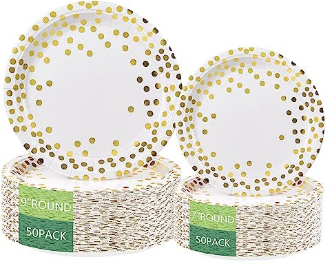 Round Disposable Paper Plates for All Occasions - 100 Pack - 50 x 9 and 50 x 7 Dinner Plates, Golden Foil Polka Dots, White and Gold Party Supplies