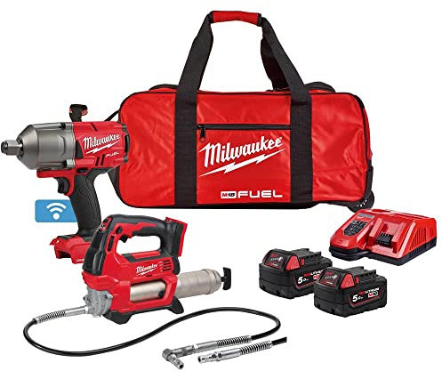 Milwaukee M18ONEPP2Q-502B 18v Cordless M18GG Grease Gun + M18ONEFHIWF34 3/4 Wrench Kit 2 x 5.0ah Batteries