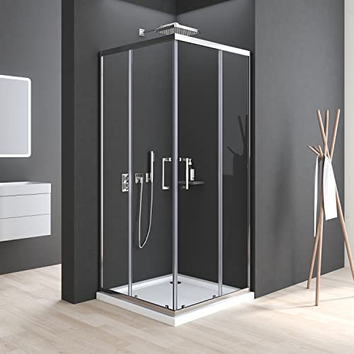 Duschkabine Eckeinstieg 80 x 80 cm mit Doppel Schiebetüren 6mm ESG Glas Dusche Duschabtrennung Duschwand Höhe 185cm ohne Duschtasse