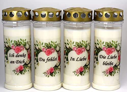 Kerzen Junglas 4er Set Grabkerzen mit Spruch - (21x7, 5 cm) – Grablicht 7 Tage Brenndauer (3411) Wetterfestes Trauerlicht Deckel - Hochwertige Trauerkerze - Edle Gedenkkerze aus Deutschland