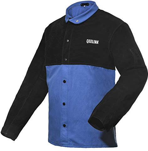 QeeLink Chaqueta de soldador con mangas de cuero partido | Chaqueta para soldar de algodón ignífugo, azul y negro, 3XL