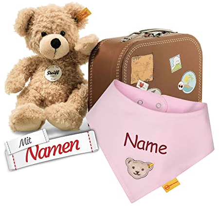 Steiff Teddybär Fynn im Koffer + Halstuch mit Namen personalisiert (bestickt), Mädchen Babygeschenk zur Geburt, Taufe, Geburtstag Geschenk, Bär Kuscheltier (Halstuch Mädchen, Rosa)