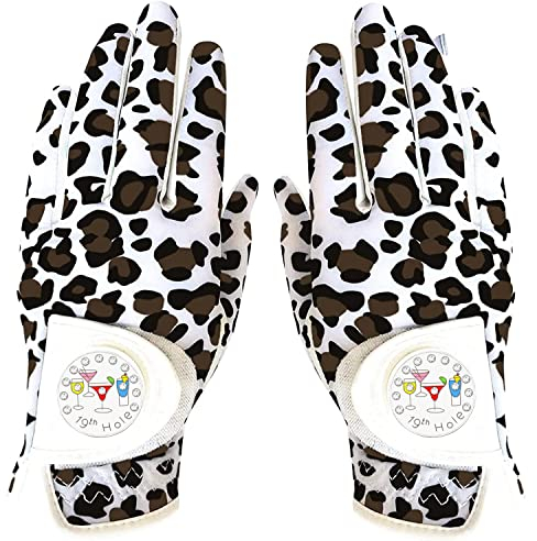 LOVMEAD Damen Golf Handschuh Golfhandschuhe Leder mit Ballmarker All Wetter Linke Rechte Hand Paar, Damen-Golfhandschuhe Rain Grip Weathersof rutschfest Sport (Leopard, S)