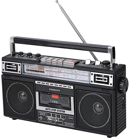 POVWUATH Portable Cassette Player Boombox AM/FM/SW1/SW2 Radio Tape Player Recorder with Bluetooth Microphone