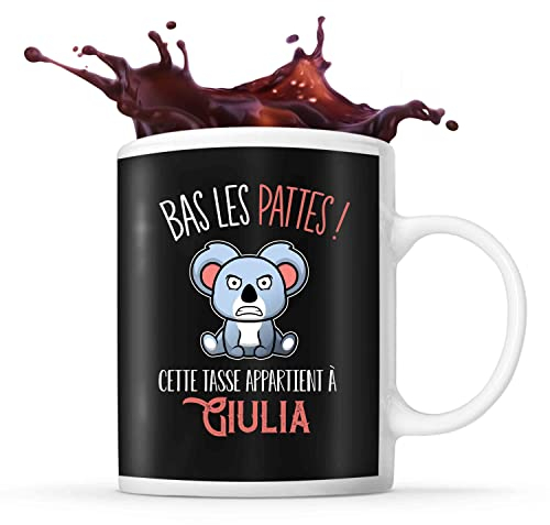 Planetee Tasse prénom Giulia Bas les pattes Koala | Mug Prénom pour femme | Collection Animaux grognon mais mignon