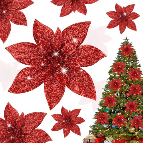 Shining She 10pcs 5.9inch Christmas Glitter Artificial Poinsettia Flowers, Artificial Christmas Flowers for Xmas Party Decoration, Xmas Tree Ornaments Decor, Red