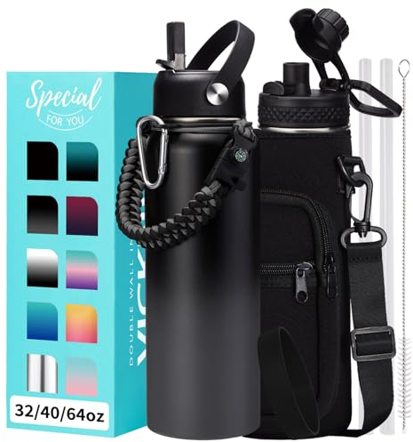 40 oz Water Bottles Insulated - Wide Mouth Stainless Steel Water Bottle with Straw, Spout Lid, Paracord Handle, Carrier Bag, Protective Boot, Metal Water Jug Keep Cold 48H Hot 24H, Hydro Mug Flask