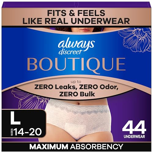 Always Discreet Boutique Incontinence and Postpartum Underwear for Women, Maximum Protection, L, Rosy, 44 Count
