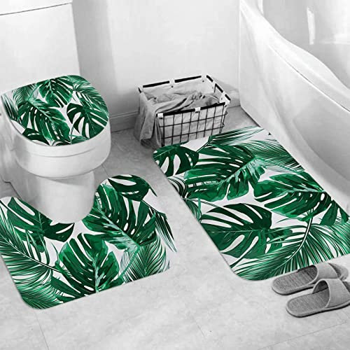 3 Pieces Bath Mat Set, Soft Superfine fiber Bathroom Rugs Mat,Tropical Leaves Jungle Palm Leaf,Machine Washable & Non Slip Bath Mats for Bathroom, Tub, Shower