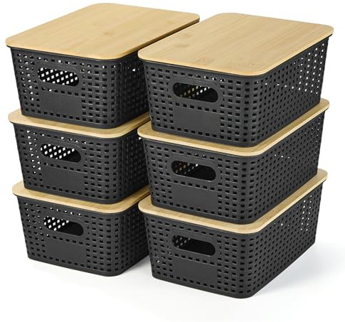 Ohmlove Plastic Storage Baskets With Bamboo Lid - Plastic Storage Containers Stackable Storage bins: Storage Baskets for Organizing Shelves Drawers Desktop Closet Playroom Classroom Office, 6 Pack
